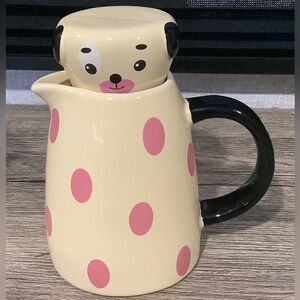 Cerra Ceramic Pitcher & Cup Dog Face Polka Dot Cream Black Handle Vintage Decor